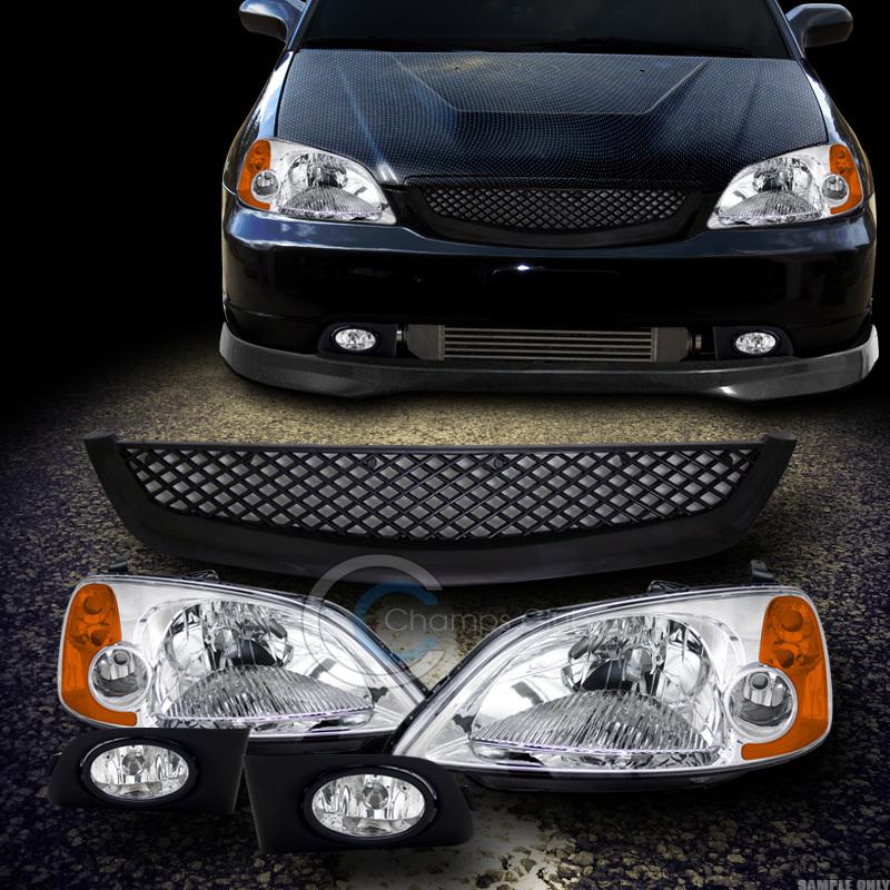 Chrome head lights amber dy+grill grille+fog lamp+switch clear 01-03 honda civic