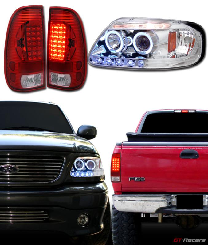 Chrome halo projector head lights+led tail brake lamps red 97-03 ford f150 f250