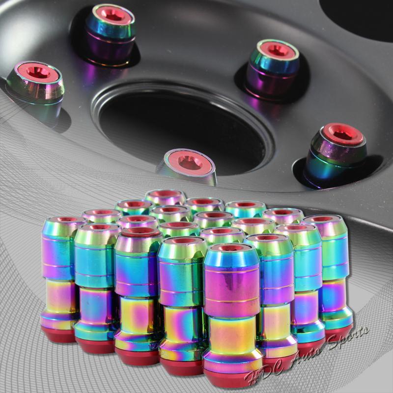 20pc m12 x 1.25mm thread pitch wheel rim tuner 1.9" long lug nut red/neo chrome