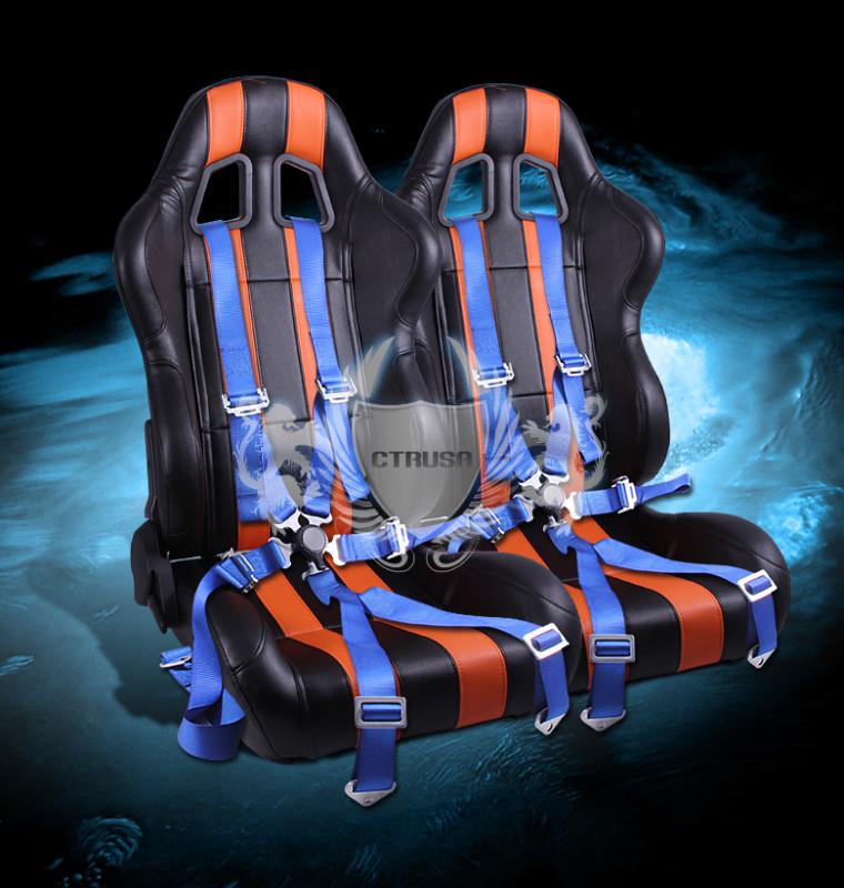 2x universal blk/orange stripe pvc racing bucket seat +6-pt camlock blue harness