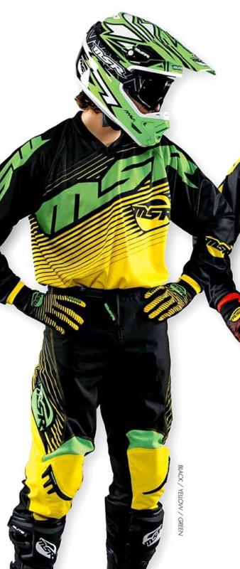 Msr axxis gear set blk/ylw/grn jersey, pant, glove new motorcross