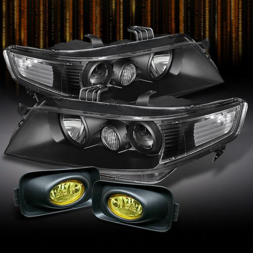 04-05 acura tsx projector black headlights+yellow fog lights w/switch+harness