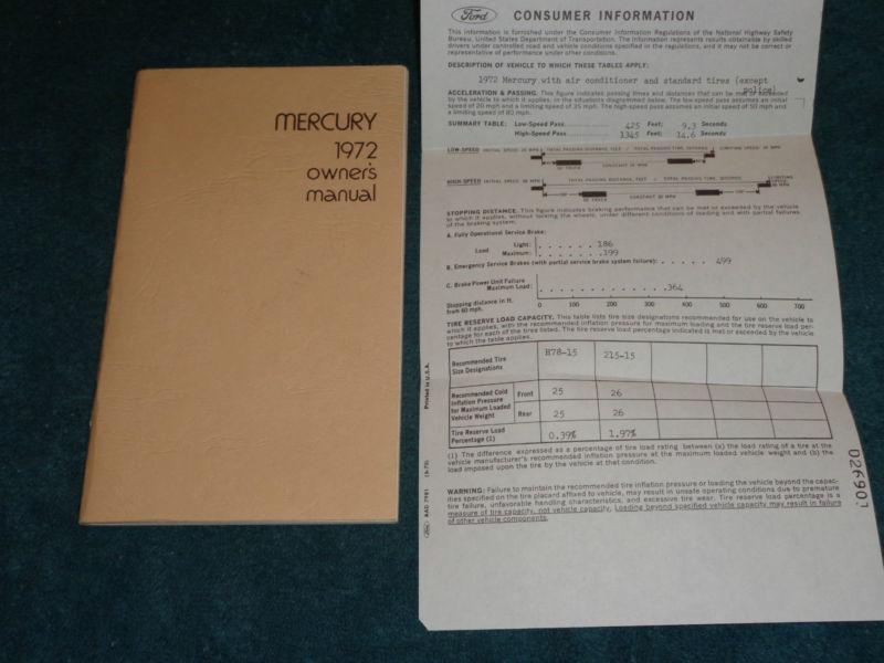 1972 mercury big car owner's manual set/ guide book & consumer information sheet