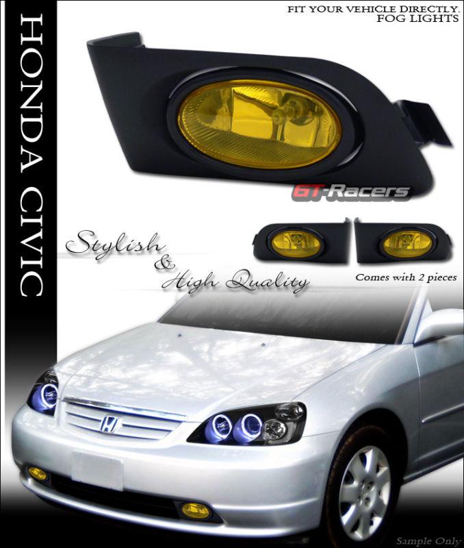 Jdm crystal yellow front bumper fog lights w/switch 2001-2003 honda civic 2d/4d