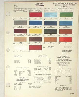 1977 amc ppg color paint chip chart jeep pacer  matador hornet original