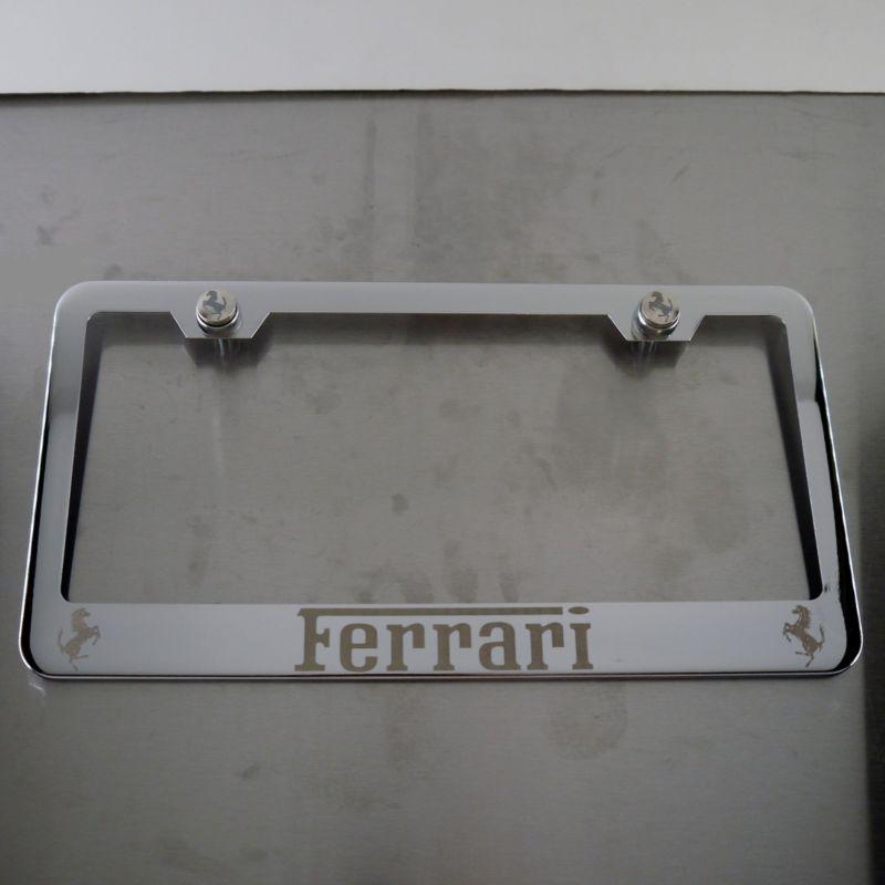 Ferrari chrome stainless steel license plate frame + screws + caps laser engrave