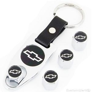 Chevy silver bow tie logo tire valve caps +key chain