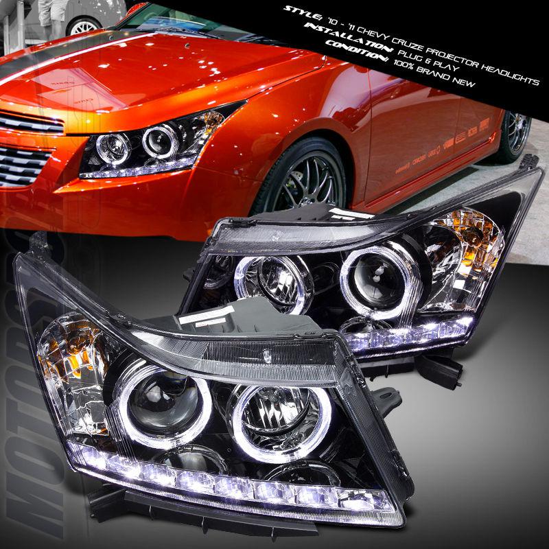 11-12 chevy cruze black halo projector head lights lamps led drl built-in r8 new