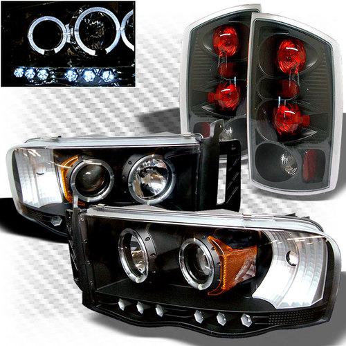 02-05 dodge ram dual halo led black projector headlights+tail head lights set