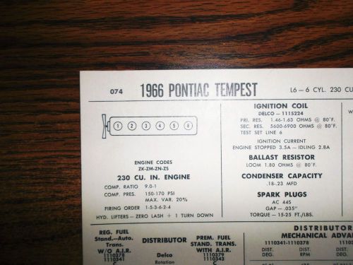 1966 pontiac tempest six series models 230 ci l6 tune up chart