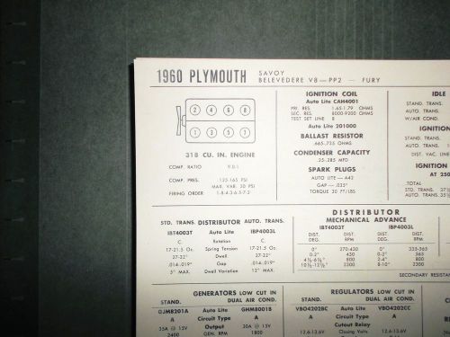 1960 plymouth savoy belvedere fury 318 ci v8 sun tune up chart great condition!