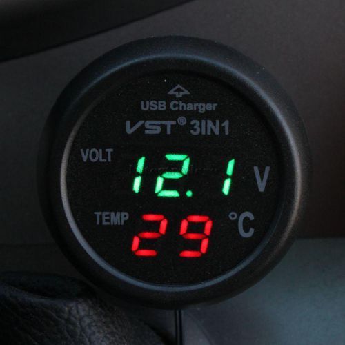 12v 24v car green led digital voltmeter volt tester thermometer, usb charger