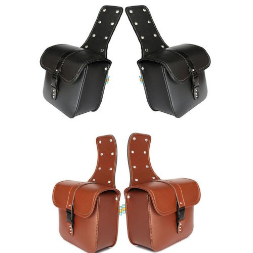 Pair universal motorcycle leather saddlebags storage tool pouches black / brown