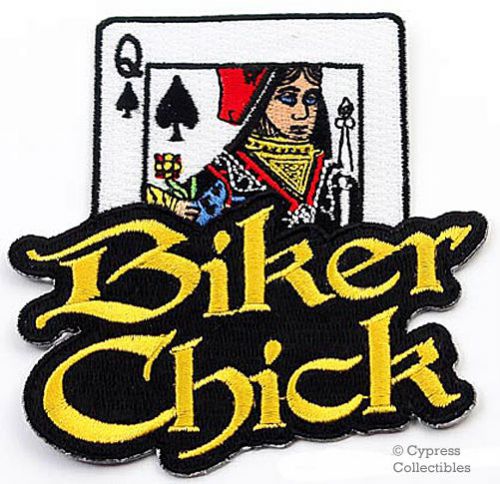 Biker chick iron-on motorcycle patch female queen applique spades playing card