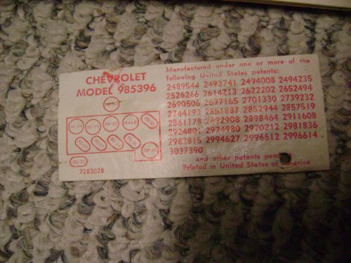 1963 corvette  patent sticker nice conditon  model 985396