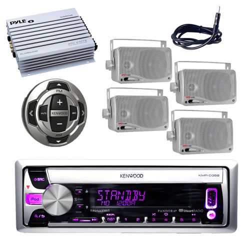 Kenwood usb cd marine radio,4x silver box speakers,antenna,wired remote+400w amp