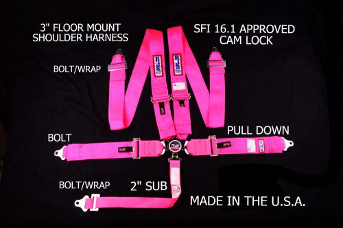 Rjs racing sfi 16.1 cam lock 5 pt seat belt harness floor mount hot pink 1034110