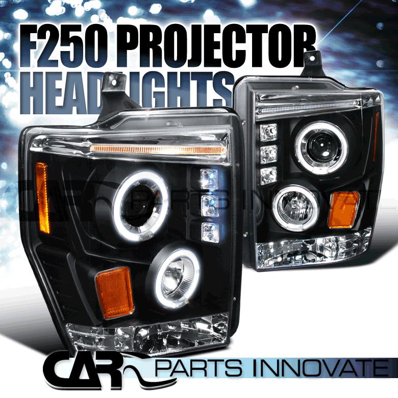 Ford 08-10 f250 f350 f450 super duty led halo projector headlights lamp black