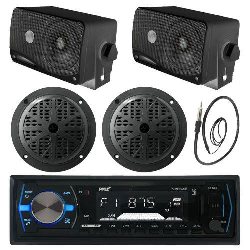 Plmrb29b bluetooth usb radio,marine 4&#034; speakers, antenna,3.5&#034; box black speakers