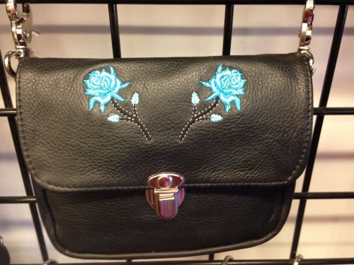 Ladies black &amp; turouoise rose bag clip or shoulder motorcycle belt loop bag