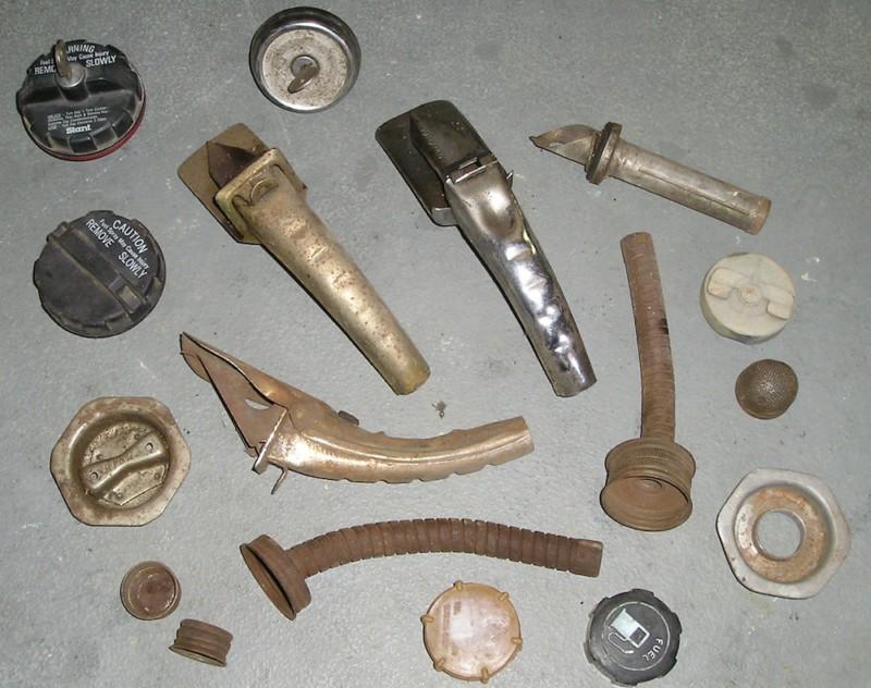 Vintage collection of gas caps w/ keys and vintage oil spouts lot