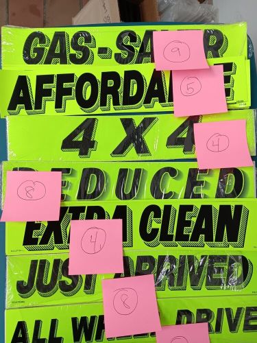 Car dealer vinyl window slogan stickers huge lot of 57 neon green/black