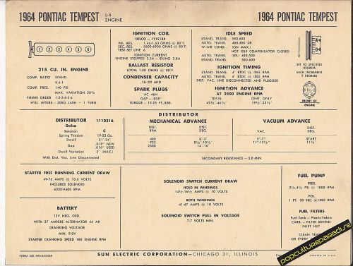 1964 pontiac tempest 215 ci 6 cylinder l-6 engine car sun electronic spec sheet