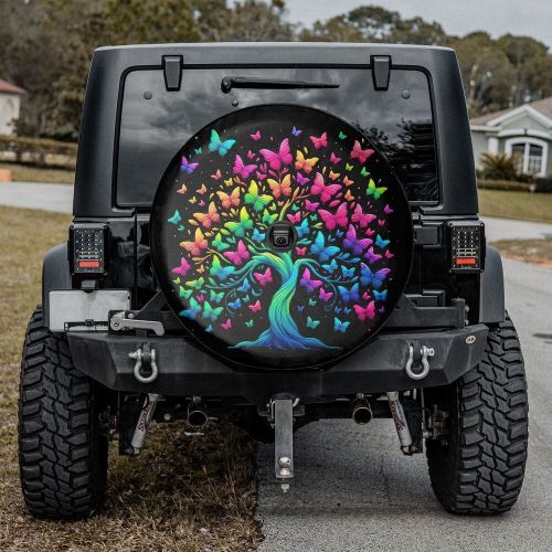 Neon rainbow butterfly tree spare tire cover, colorful butterflies spare tire co