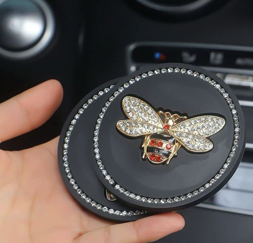 Bling rhinestone bee car cup holder coasters 2 pack - 2.75 in diameter