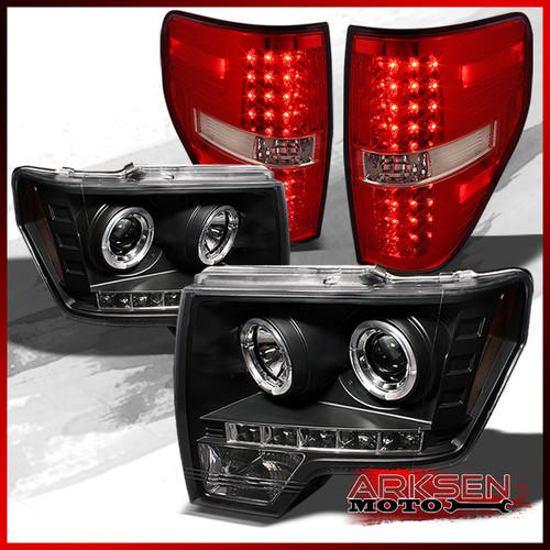 09-13 f150 black dual halo projector led headlights+red clear led tail lights