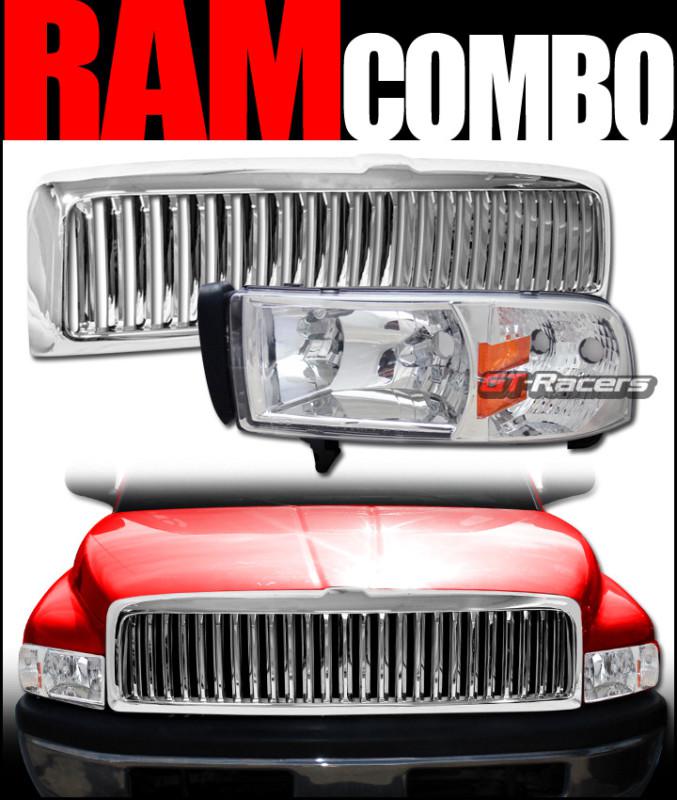 Chrome crystal head lights lamp signal+front vertical grill grille 1994-2002 ram