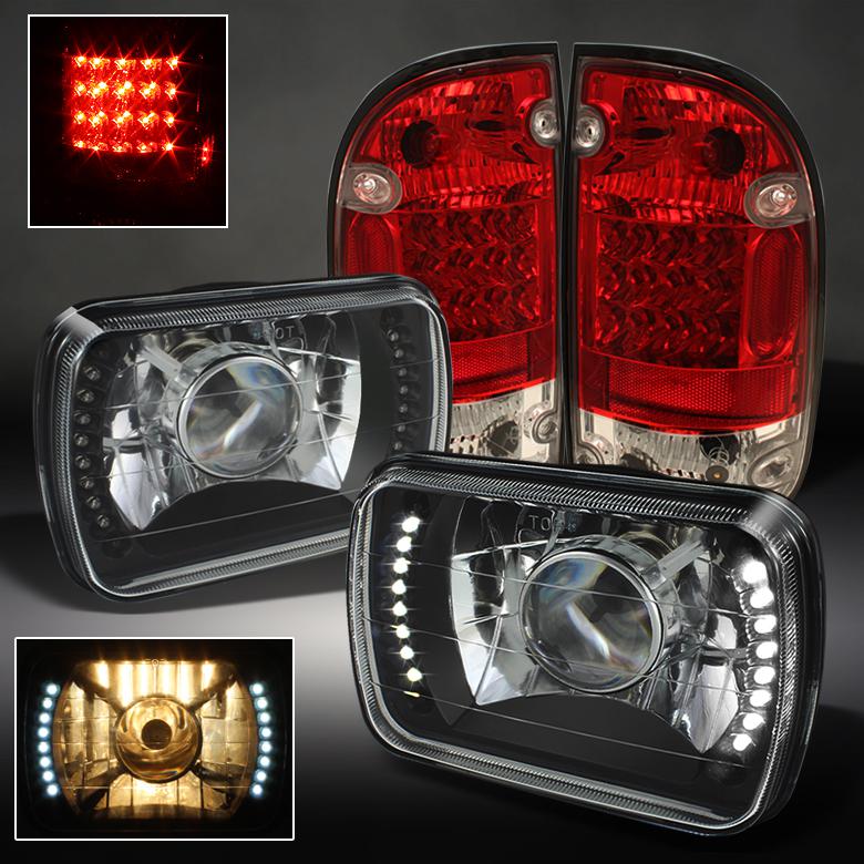 Black 95-97 tacoma projector headlight w/dual strip led+red clean led tail lamps