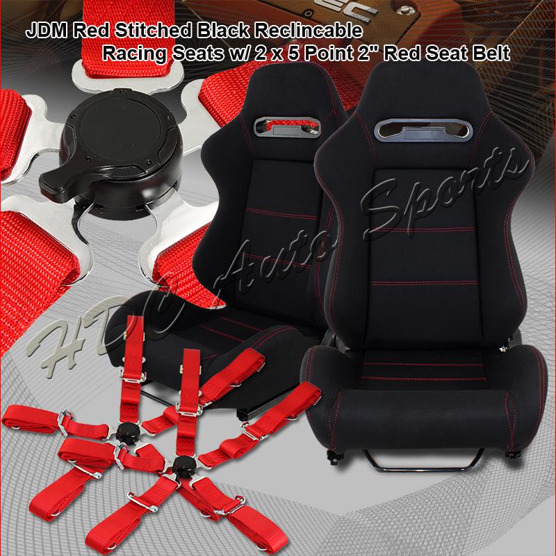 2x black tr style universal jdm reclinable cloth racing seats + red seat belts