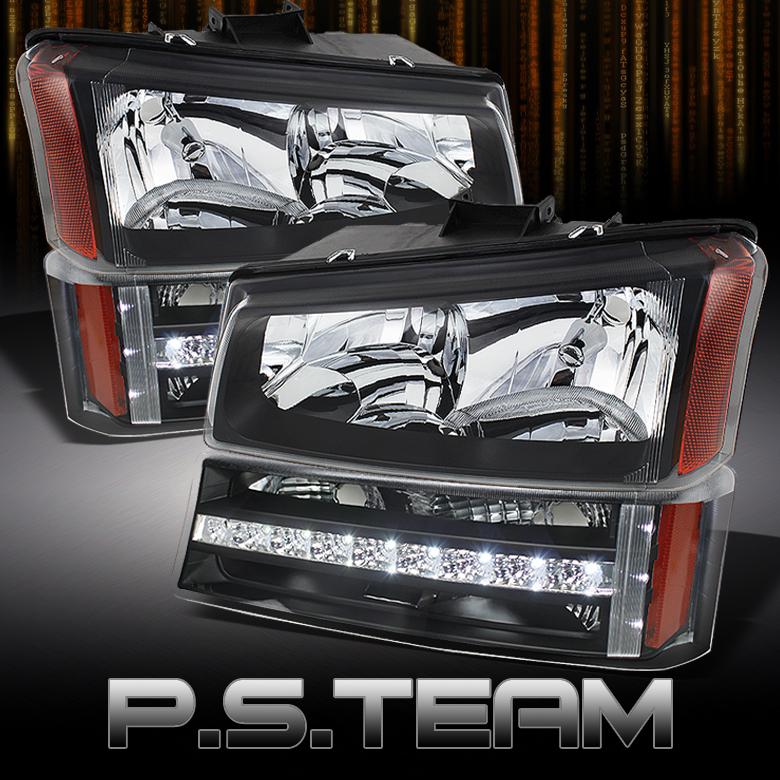 03-06 silverado avalanche black headlights +led bumper signal lights lamps pair