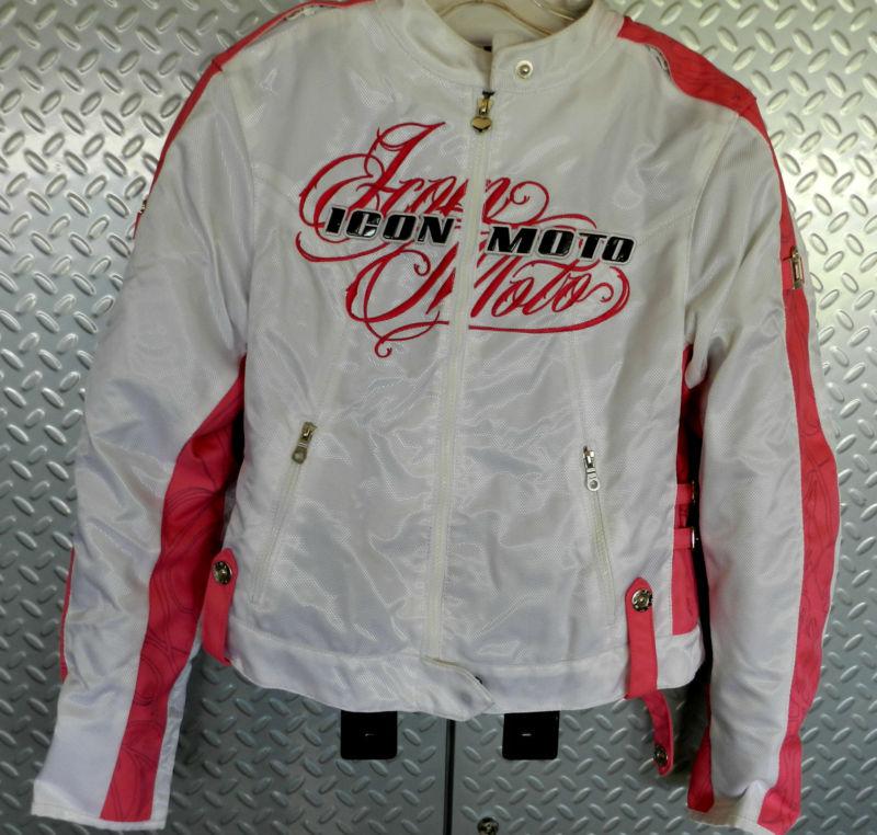 348/ icon ladies hella street angel ~ motorcycle jacket - white & pink ~womens m