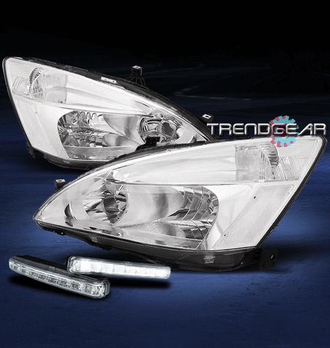 03-07 honda accord 2/4dr crystal chrome head light+white led drl daytime running