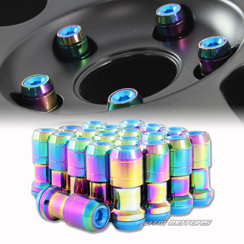 M12 x 1.25mm thread pitch 1.9" long wheel rim lug nuts - 20pc rainbow / blue