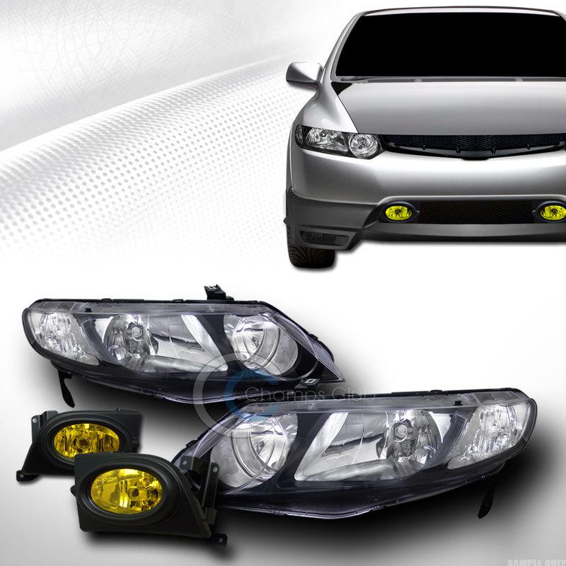 Black head lights dy+fog lamps w/switch yellow 06 07 08 honda civic 4d 4dr sedan