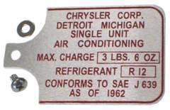 New mopar 1967-72 b/c/e-body a/c compressor data tag