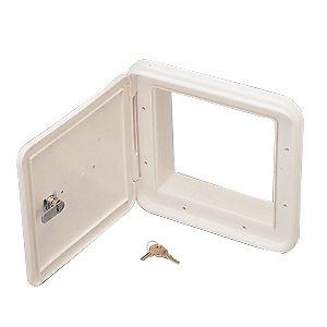 Bargman gas fill door, 7" x 7" cut out, open back, plastic, col white 60-18-001