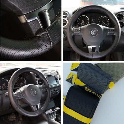 14"-15" 38cm chevrolet 47001 leather wrap car steering wheel cover black thread