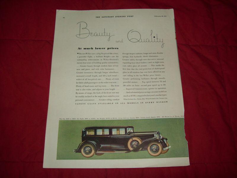 1931 willys car ad - black four door- 1/2 an ad