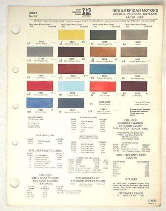 1978 amc ppg color paint chip chart jeep pacer  matador gremlin concord