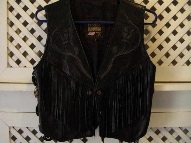 Motorcycle leather ladies vest with fringe & inlay roses   free shipping