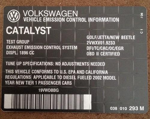 Vw oem 038-010-293-m catalyst label 038010293m golf jetta beetle volkswagen