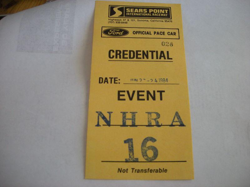 Very rare sears point int. raceway credential pass  nhra ford chevy mopar 