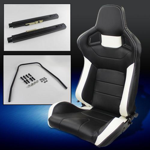 Single carbon fiber/white leather w/red stitching reclinable racing seat+slider