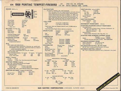 1968 pontiac tempest/firebird l6 250ci/175 hp car sun electronic spec sheet
