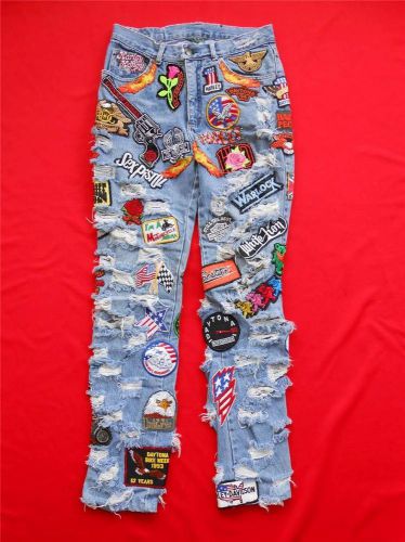 Awesome ladies sensi denim motorcycle jeans + 70 patches ~ some harley destroyed