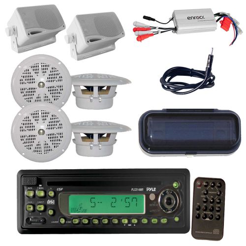 New in-dash marine cd/mp3 player, 4 round speakers, 2 box speakers, amp, cover